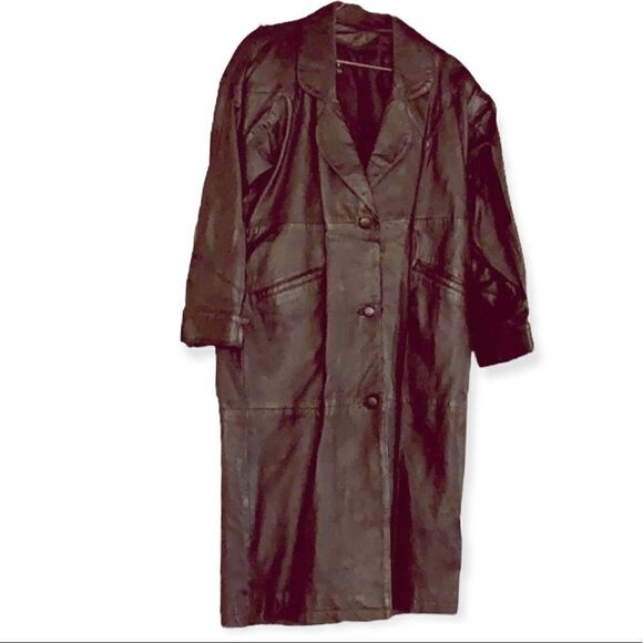 Vintage 70’s 80’s Missy Black 100% Leather Button Full Length Trechcoat Sz M - Picture 1 of 8